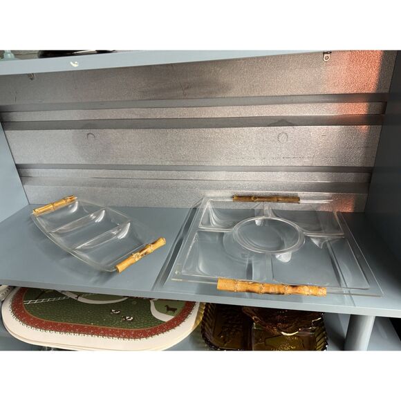 Vintage 1970s Lucite Acrylic Bamboo Handle Serving Tray Set – Mid Century Modern - Picture 1 of 15